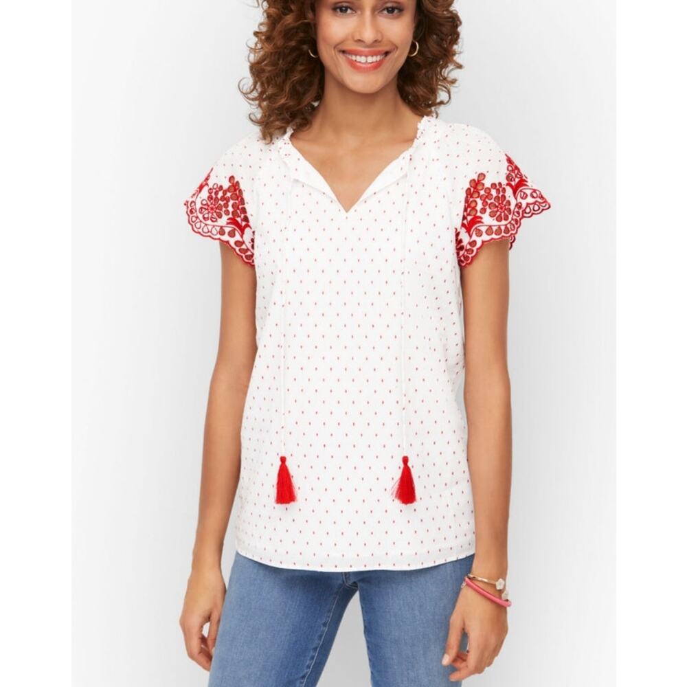Talbots White Blouse with Red Embroidery and Tassels